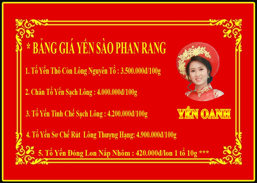 BẢNG GIÁ YẾN SÀO PHAN RANG mới nhất